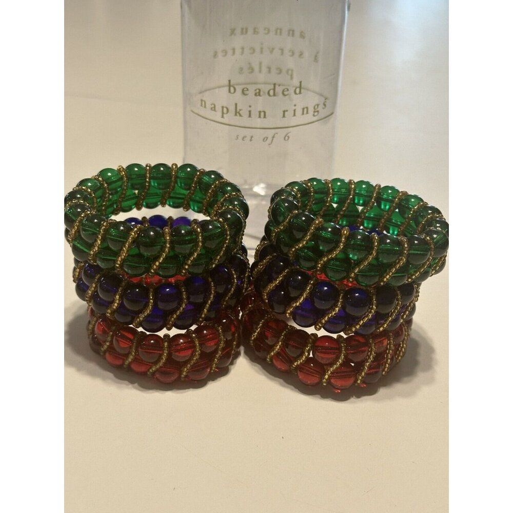 Pier One Glass Beaded Napkin Rings 6 RED BLUE GREEN Gold Dinner Party Accents